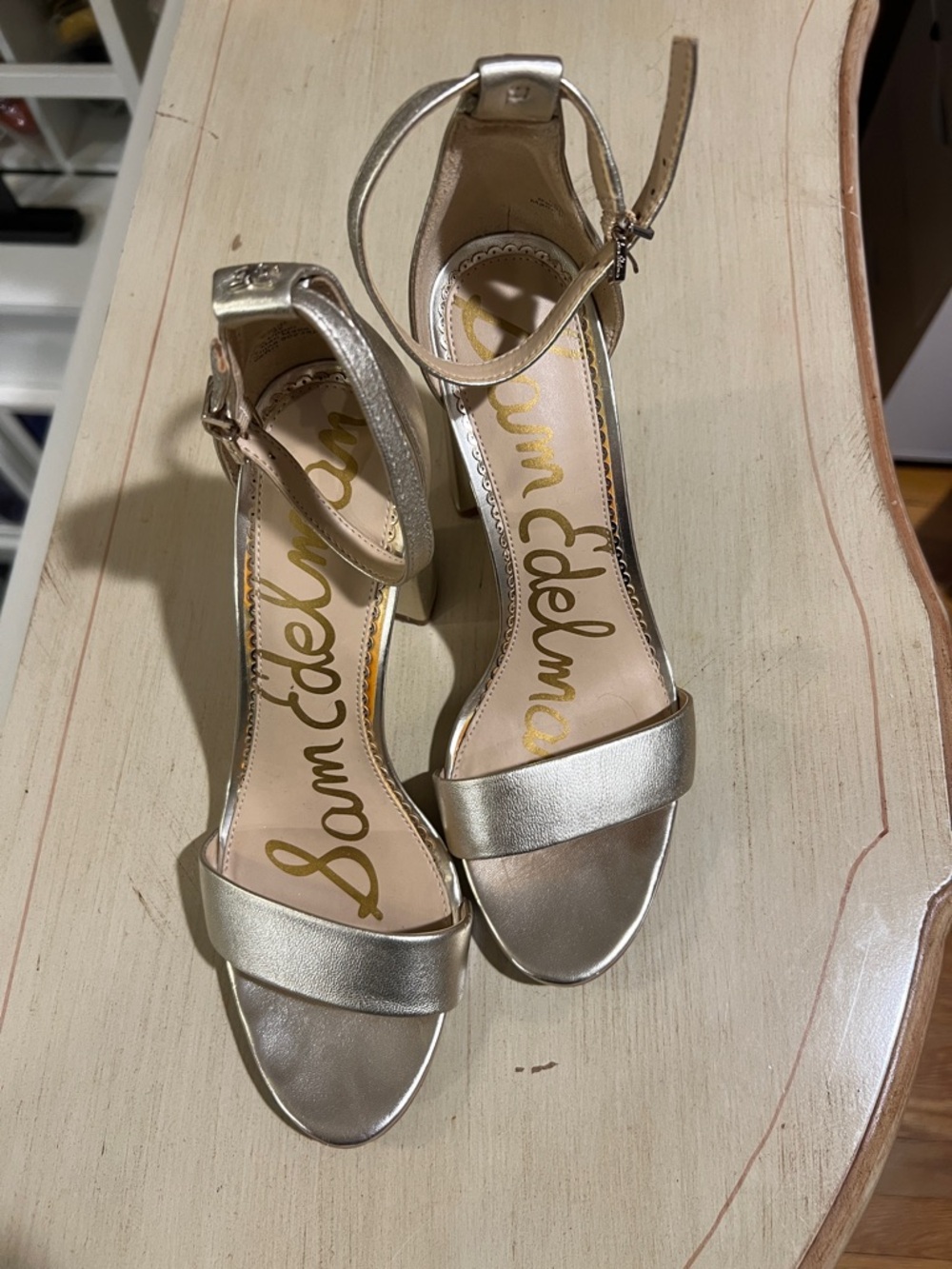 Sam Edelman Metallic Gold Ankle-Strap Block Heels